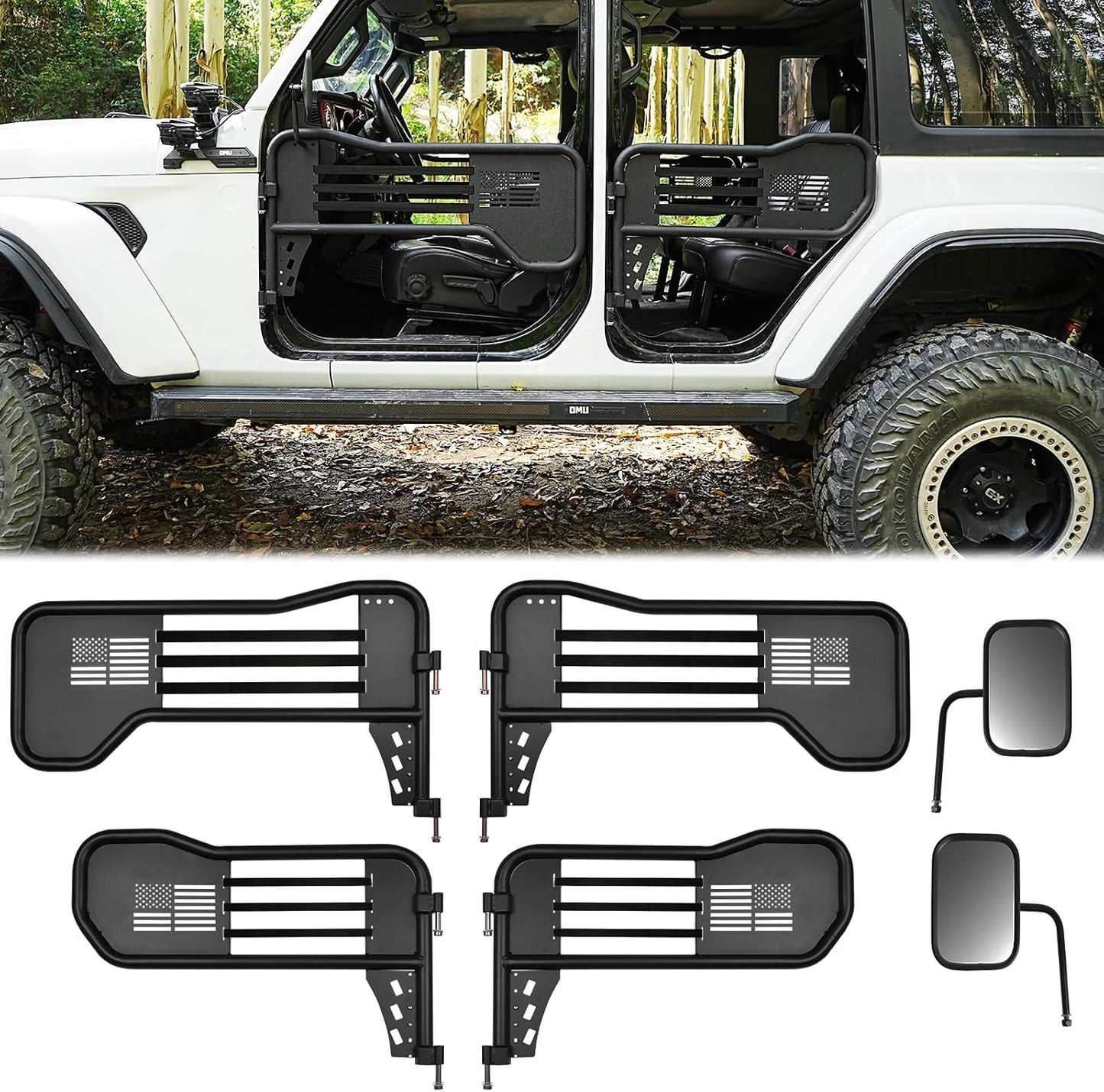Steel Tubular Half Doors with Side View Mirrors Compatible with 2018-2025 Jeep JL JLU & Gladiator JT 4-Door, US Flag Style, Heavy-Duty Off-Road Doors, Textured Black Powder Coated
