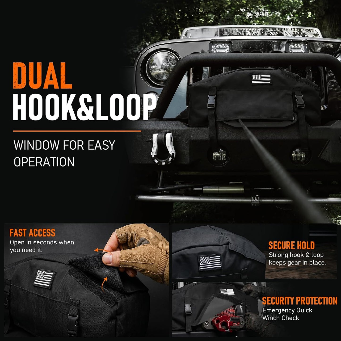MAIKER 900D Waterproof Winch Cover with DIY Patch Design, Heavy-Duty Universal Dust Protector for 8500-17500 Lbs Winches, Top and Front Hook & Loop Openings with Adjustable Buckle Straps,Black