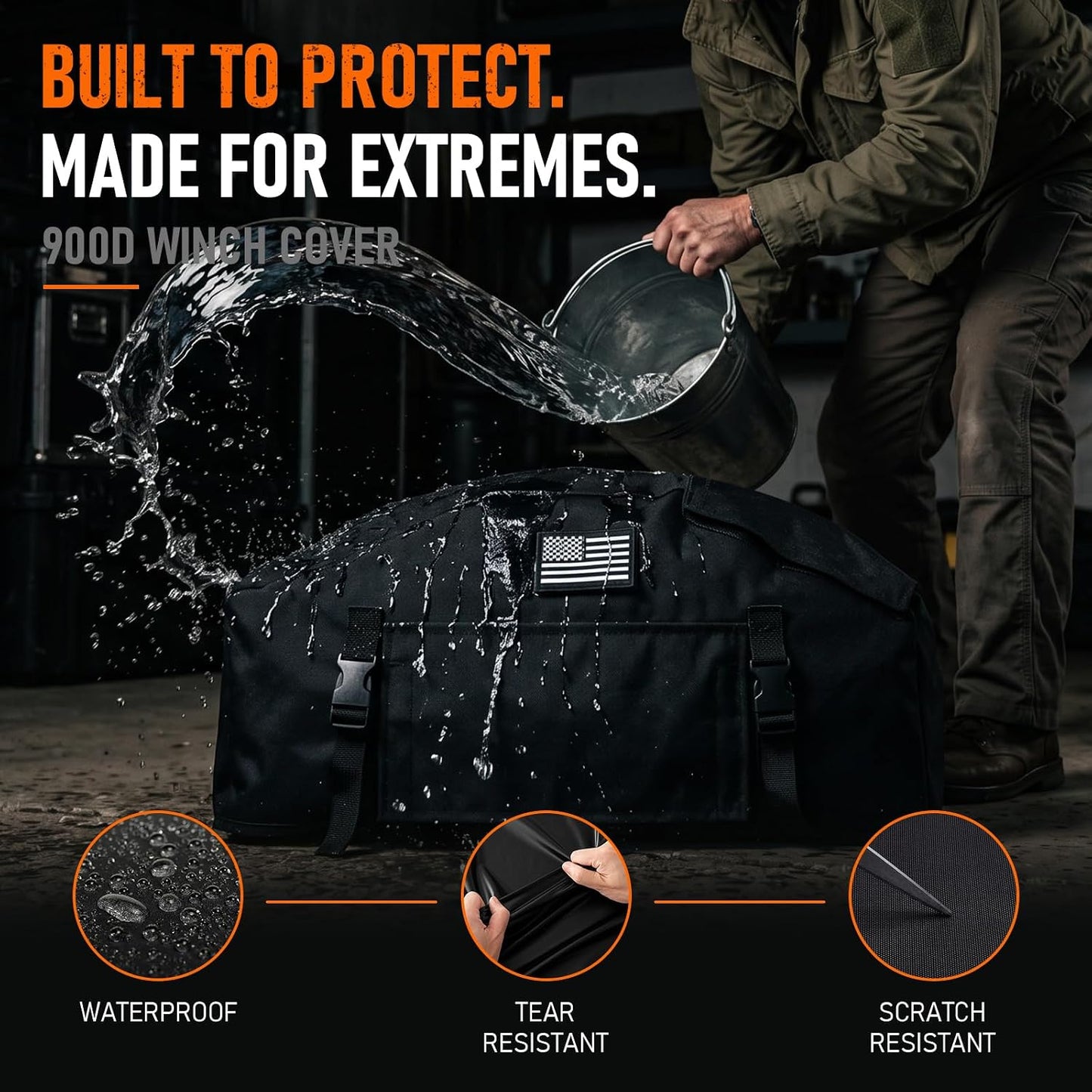 MAIKER 900D Waterproof Winch Cover with DIY Patch Design, Heavy-Duty Universal Dust Protector for 8500-17500 Lbs Winches, Top and Front Hook & Loop Openings with Adjustable Buckle Straps,Black