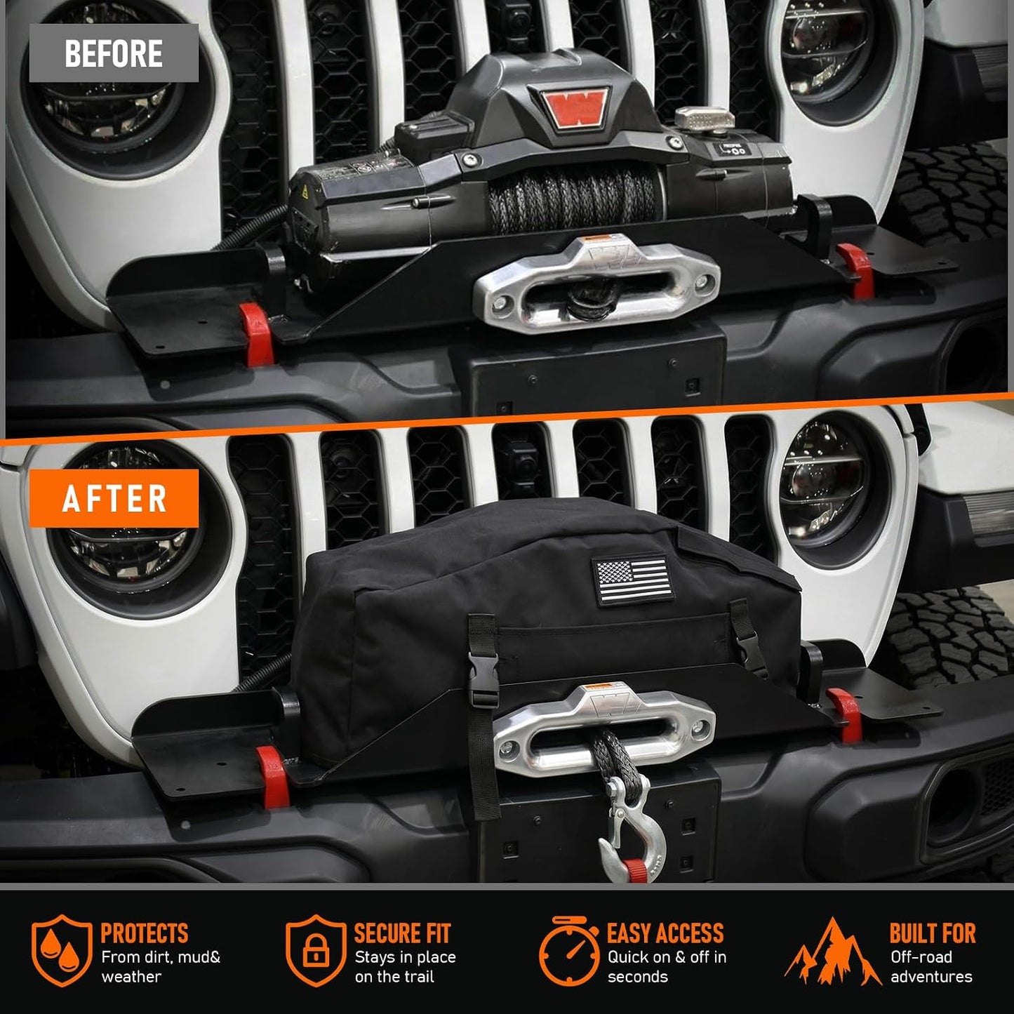 MAIKER 900D Waterproof Winch Cover with DIY Patch Design, Heavy-Duty Universal Dust Protector for 8500-17500 Lbs Winches, Top and Front Hook & Loop Openings with Adjustable Buckle Straps,Black
