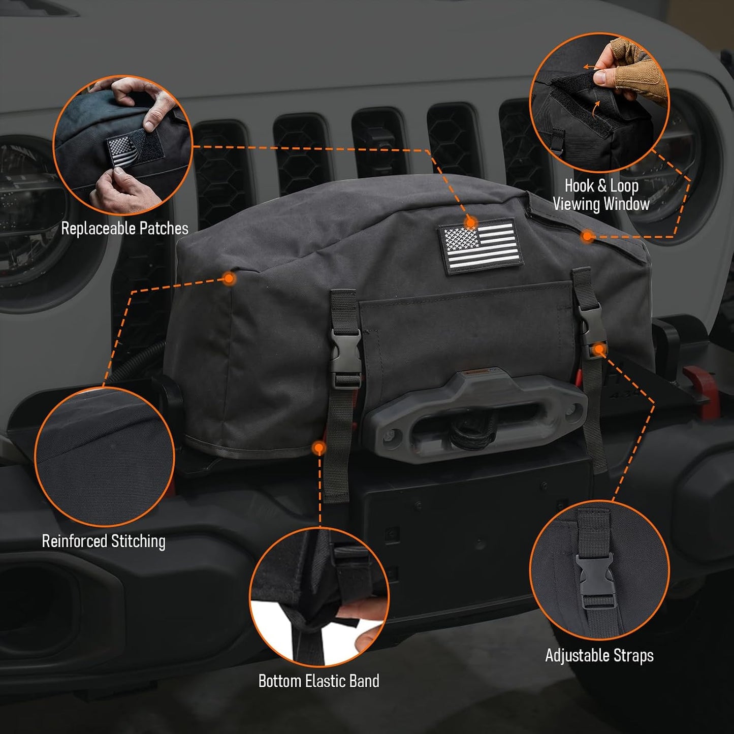 MAIKER 900D Waterproof Winch Cover with DIY Patch Design, Heavy-Duty Universal Dust Protector for 8500-17500 Lbs Winches, Top and Front Hook & Loop Openings with Adjustable Buckle Straps,Black