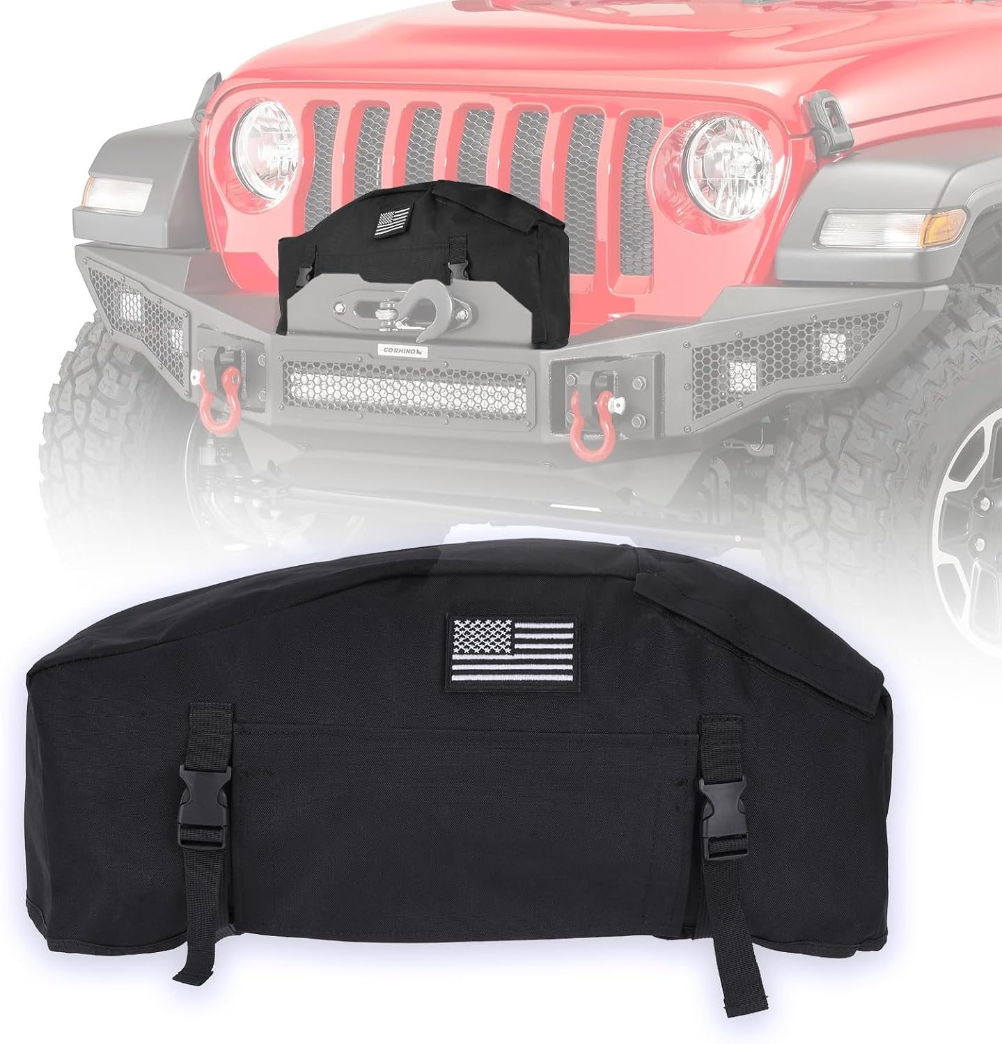 MAIKER 900D Waterproof Winch Cover with DIY Patch Design, Heavy-Duty Universal Dust Protector for 8500-17500 Lbs Winches, Top and Front Hook & Loop Openings with Adjustable Buckle Straps,Black