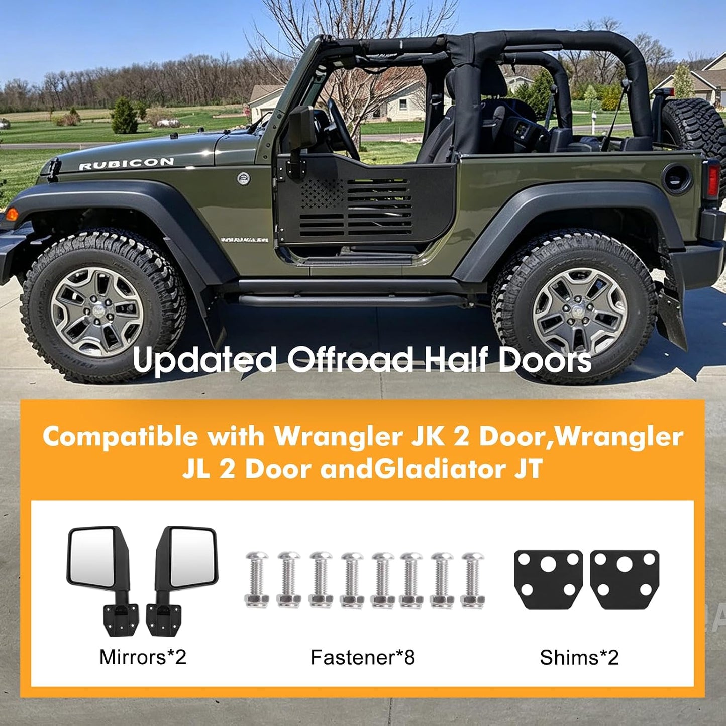 Front Tubular Half Doors with Side View Mirrors Compatible with 2007-2026 Jeep Wrangler JK JKU JL JLU GladiatorJT 2-Door, US Flag Steel Tube Doors for Off-Road Summer Trail