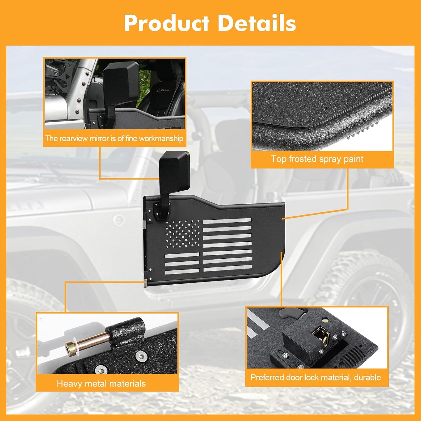 Front Tubular Half Doors with Side View Mirrors Compatible with 2007-2026 Jeep Wrangler JK JKU JL JLU GladiatorJT 2-Door, US Flag Steel Tube Doors for Off-Road Summer Trail