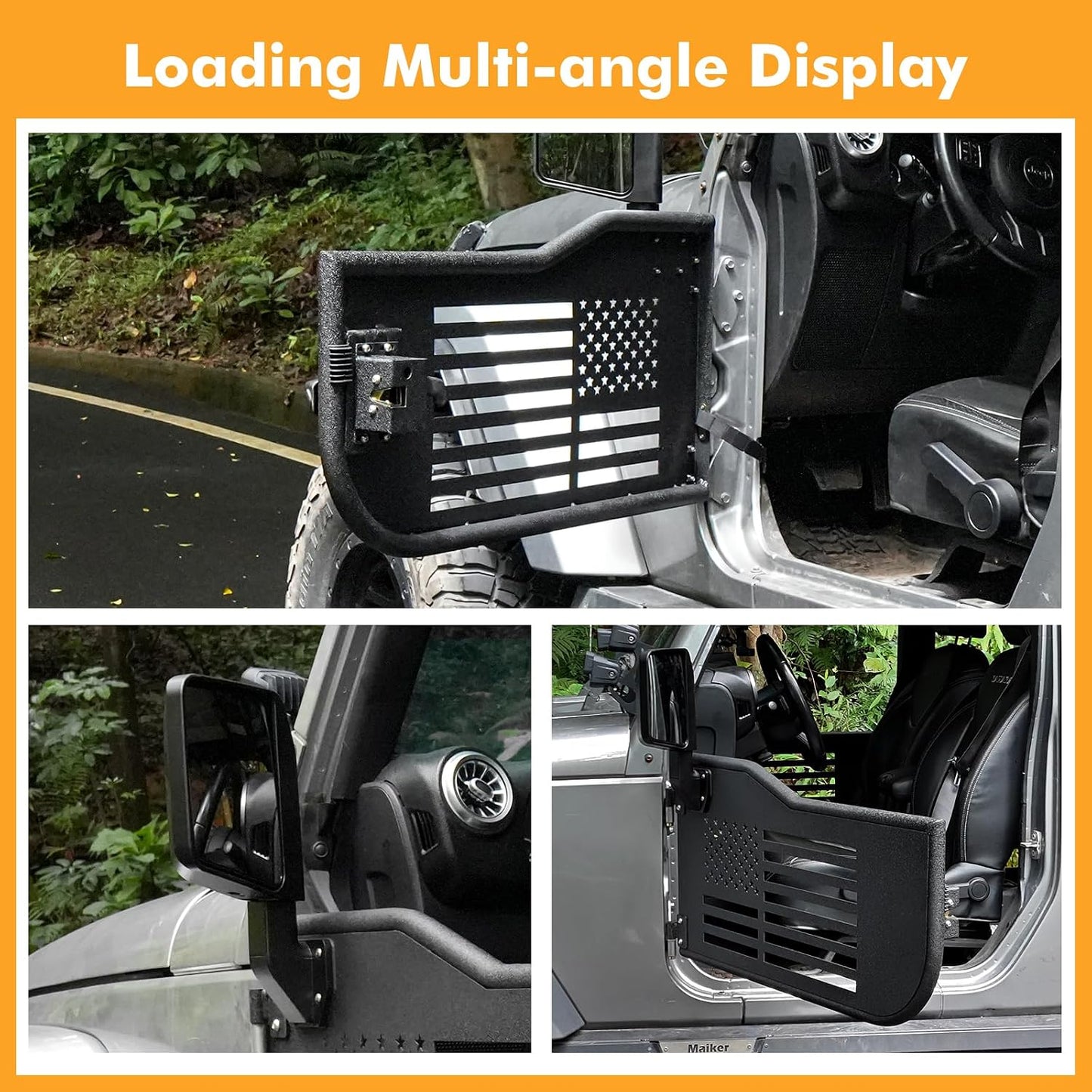 Front Tubular Half Doors with Side View Mirrors Compatible with 2007-2026 Jeep Wrangler JK JKU JL JLU GladiatorJT 2-Door, US Flag Steel Tube Doors for Off-Road Summer Trail