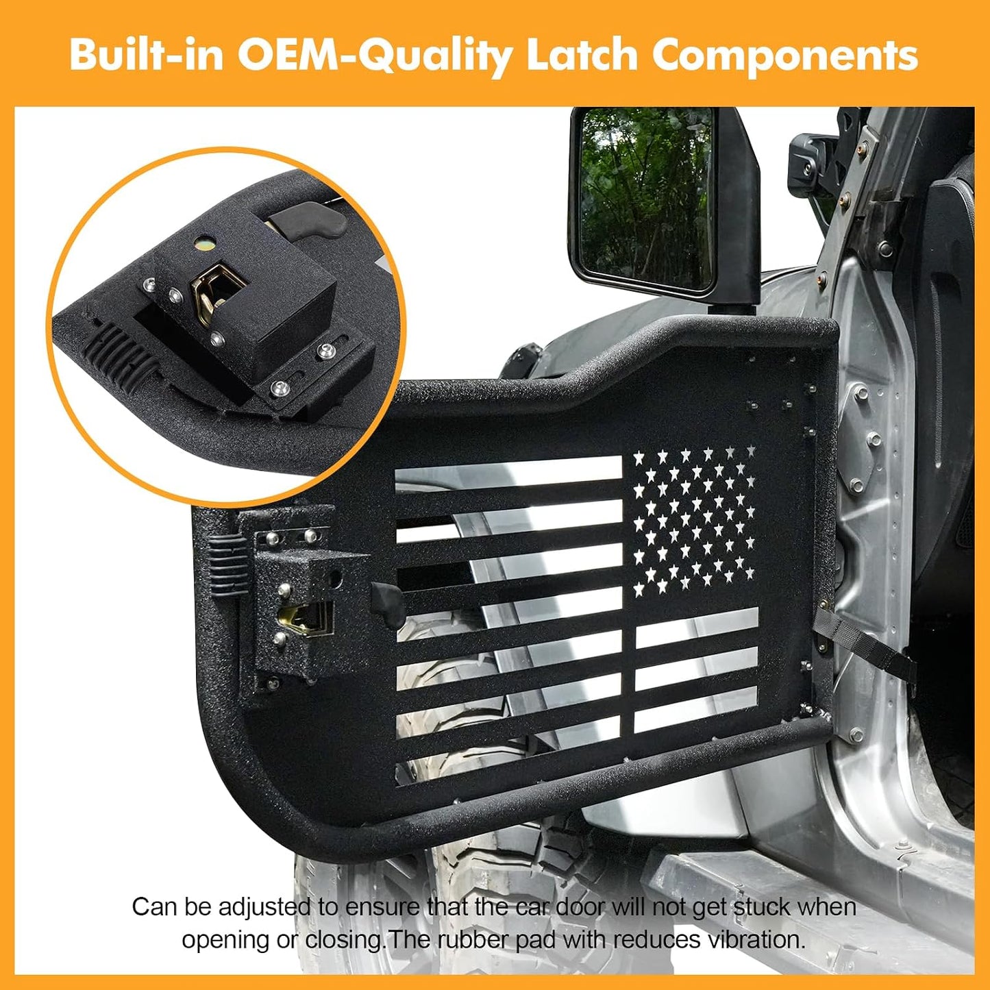 Front Tubular Half Doors with Side View Mirrors Compatible with 2007-2026 Jeep Wrangler JK JKU JL JLU GladiatorJT 2-Door, US Flag Steel Tube Doors for Off-Road Summer Trail