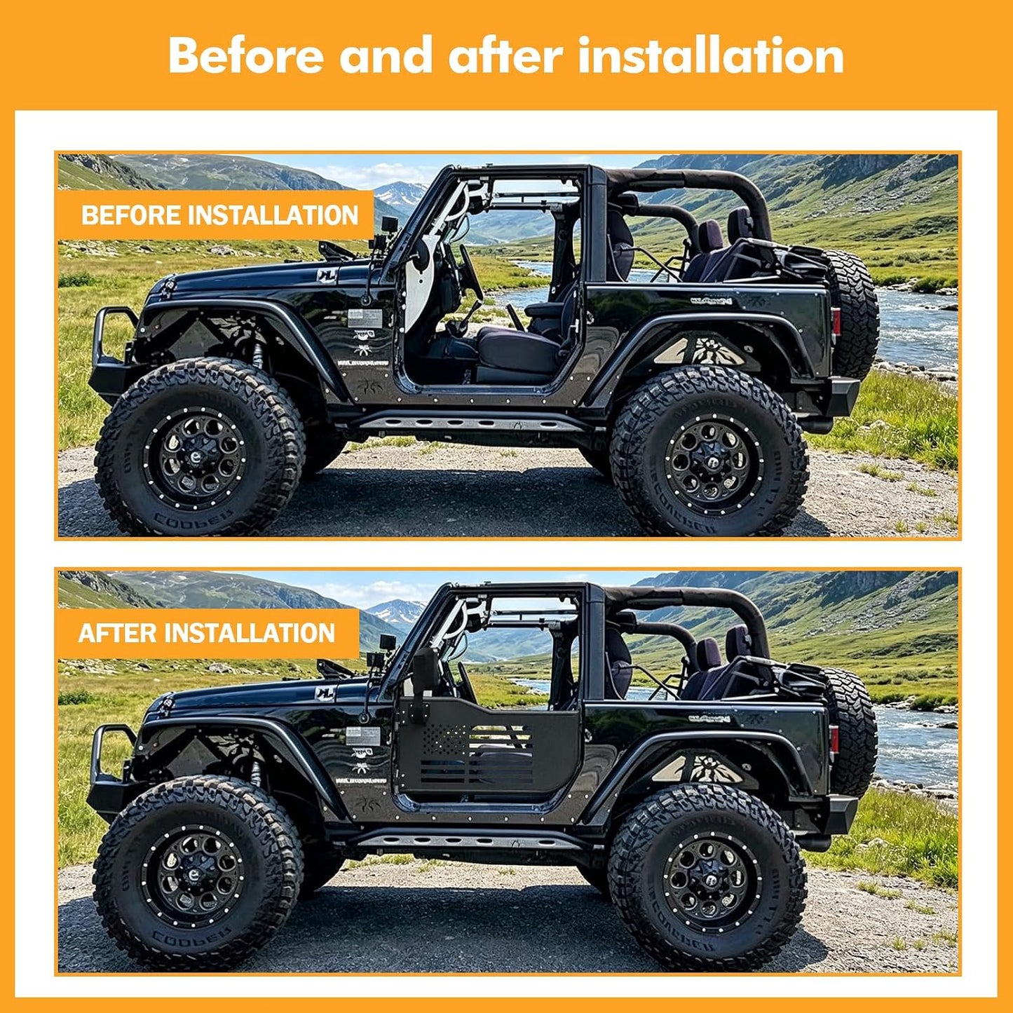 Front Tubular Half Doors with Side View Mirrors Compatible with 2007-2026 Jeep Wrangler JK JKU JL JLU GladiatorJT 2-Door, US Flag Steel Tube Doors for Off-Road Summer Trail