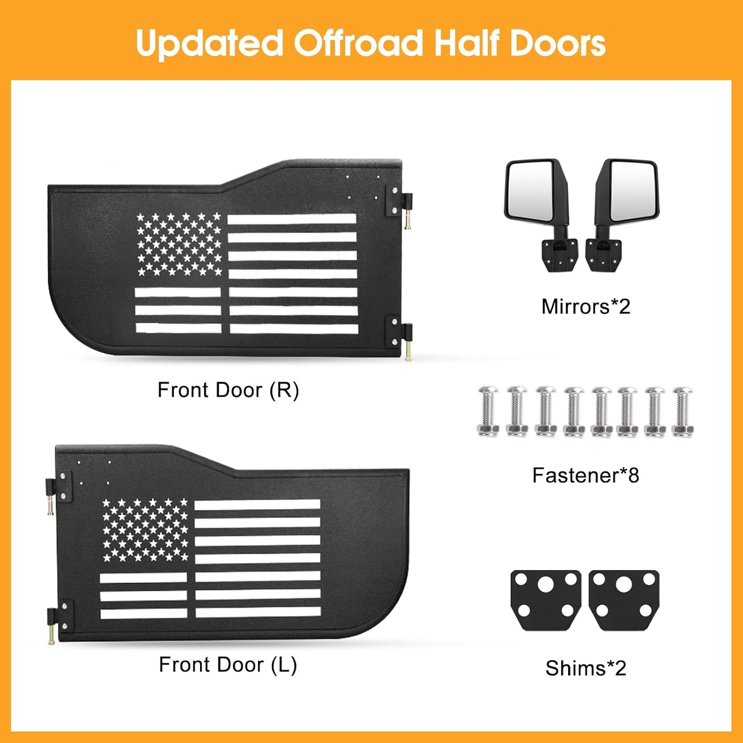 Front Tubular Half Doors with Side View Mirrors Compatible with 2007-2026 Jeep Wrangler JK JKU JL JLU GladiatorJT 2-Door, US Flag Steel Tube Doors for Off-Road Summer Trail