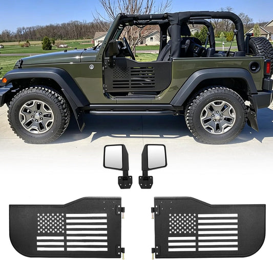 Front Tubular Half Doors with Side View Mirrors Compatible with 2007-2026 Jeep Wrangler JK JKU JL JLU GladiatorJT 2-Door, US Flag Steel Tube Doors for Off-Road Summer Trail