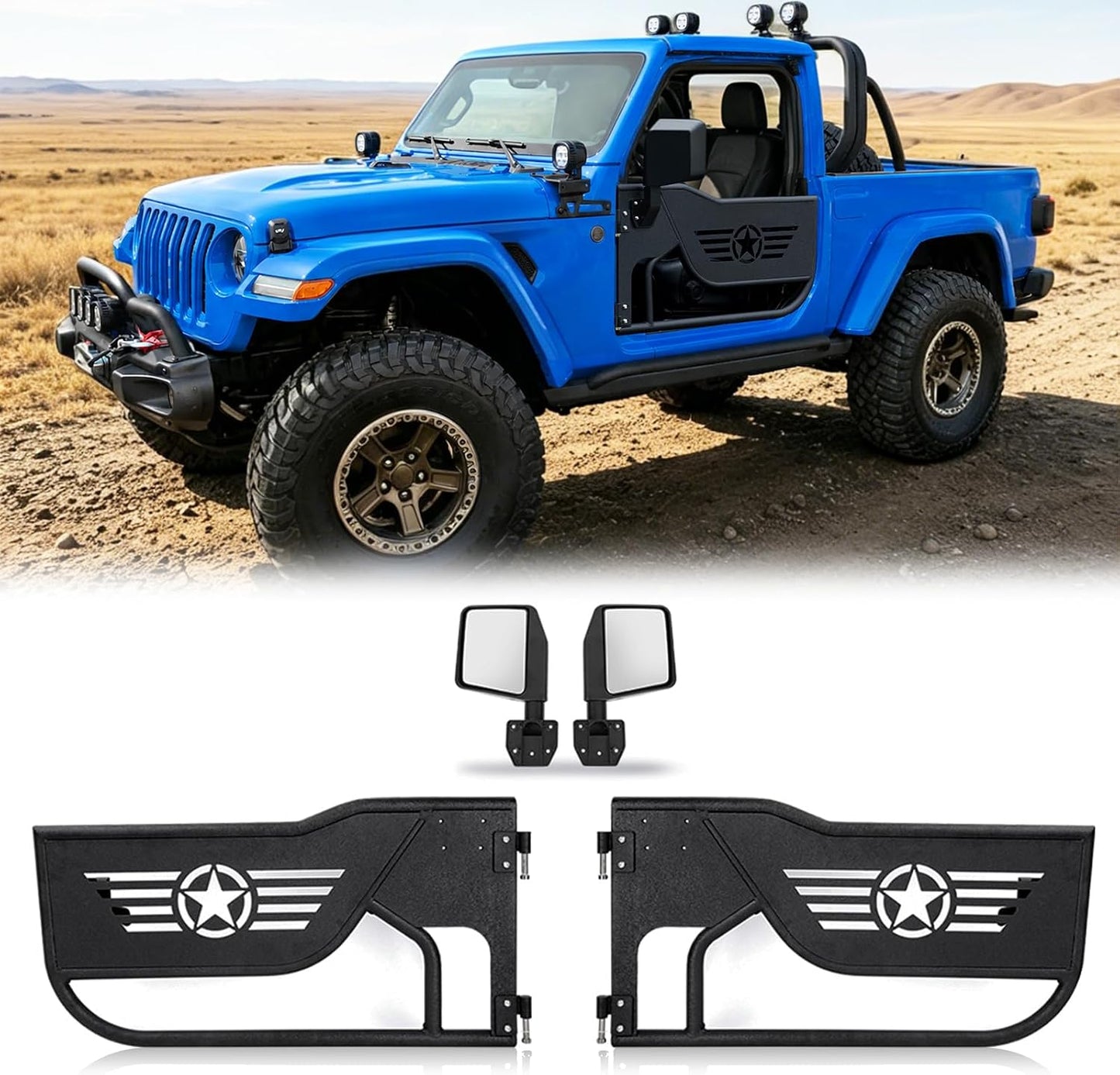 Front Tubular Half Doors with Side View Mirrors Compatible with 2007-2026 Jeep Wrangler JK JKU JL JLU GladiatorJT 2-Doors,Tube Door Off Road Trail Adventure