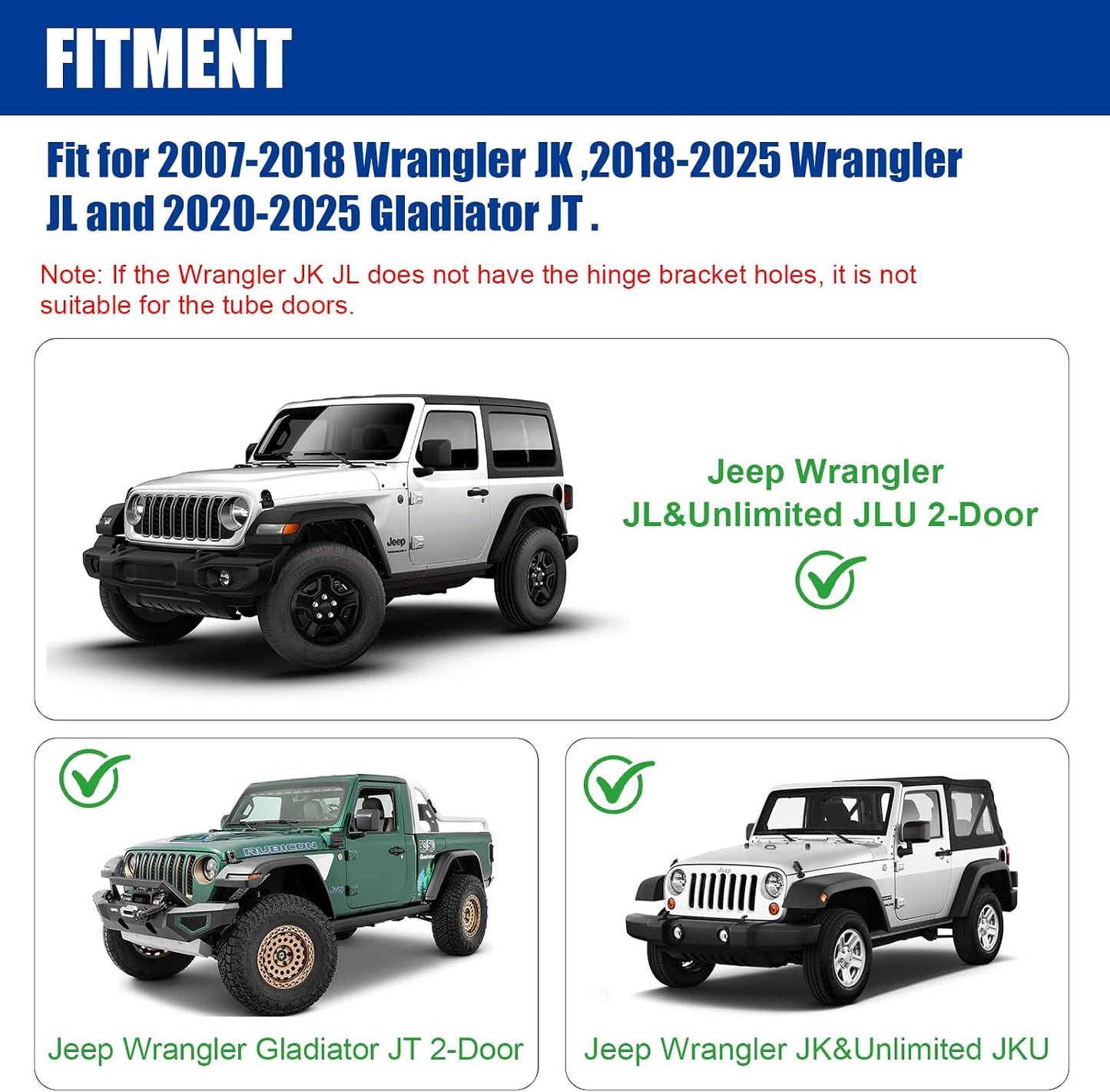 Front Tubular Half Doors with Side View Mirrors Compatible with 2007-2026 Jeep Wrangler JK JKU JL JLU GladiatorJT 2-Doors,Tube Door Off Road Trail Adventure