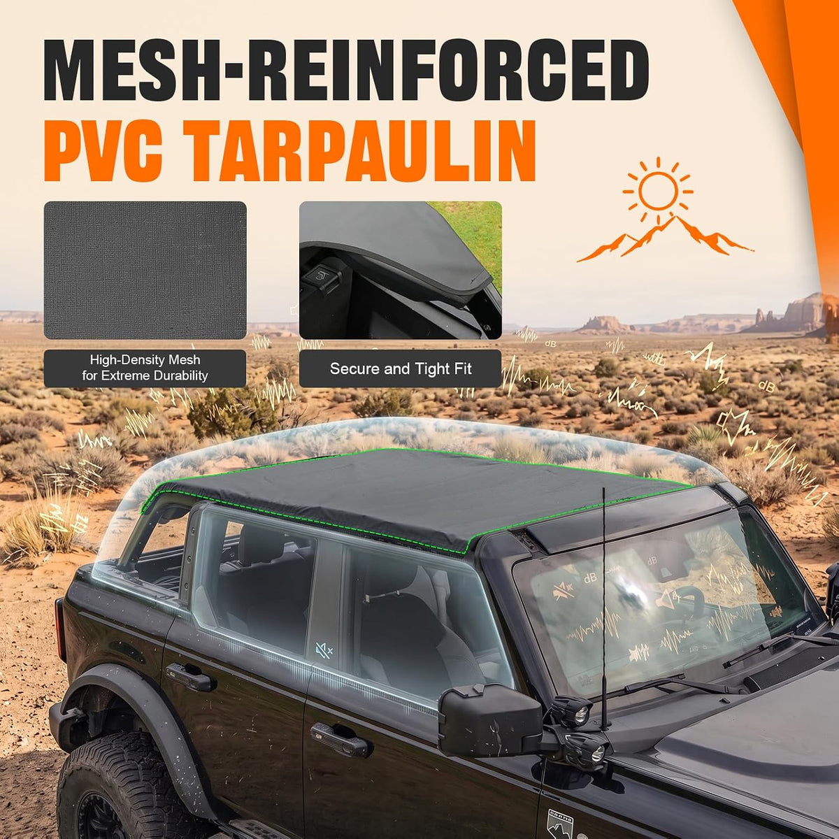 MAIKER Waterproof Sun Shade Top for Ford Bronco 2021-2026 4-Door Hardtop, Mesh-Reinforced PVC Tarpaulin Roof Cover,Tool-Free Install,Heavy-Duty Cab Bimini Top for Rain,Sun & Wind