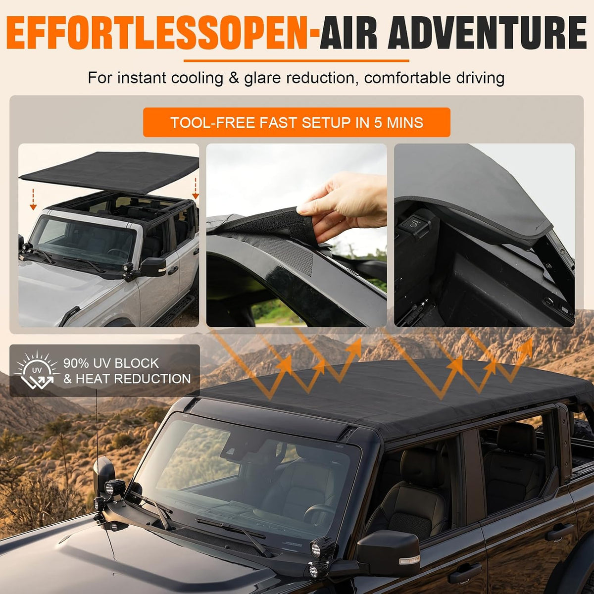 MAIKER Waterproof Sun Shade Top for Ford Bronco 2021-2026 4-Door Hardtop, Mesh-Reinforced PVC Tarpaulin Roof Cover,Tool-Free Install,Heavy-Duty Cab Bimini Top for Rain,Sun & Wind