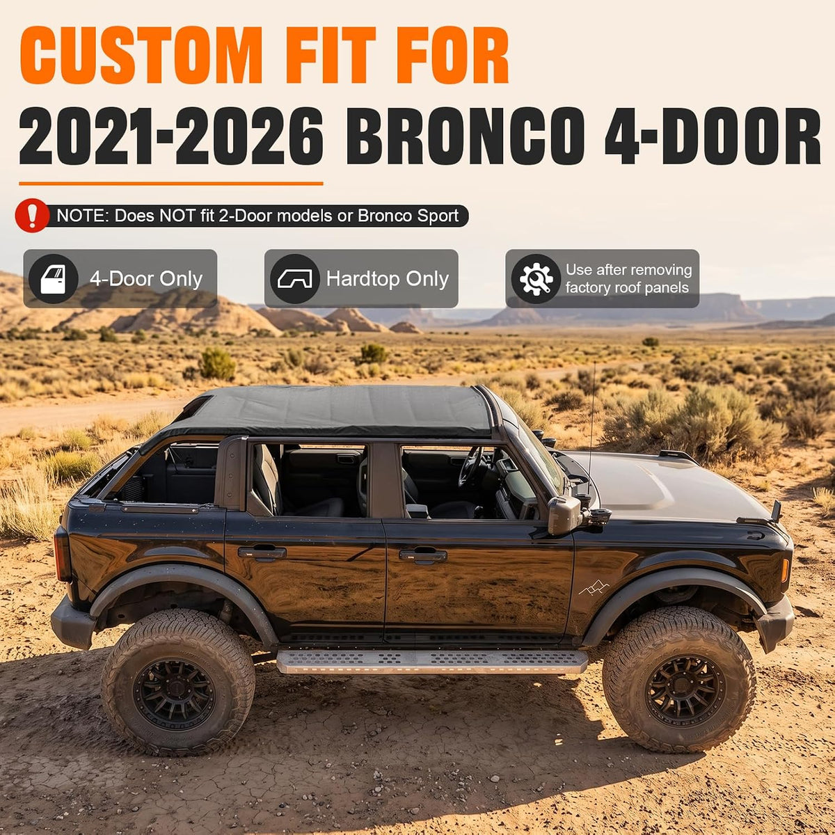 MAIKER Waterproof Sun Shade Top for Ford Bronco 2021-2026 4-Door Hardtop, Mesh-Reinforced PVC Tarpaulin Roof Cover,Tool-Free Install,Heavy-Duty Cab Bimini Top for Rain,Sun & Wind
