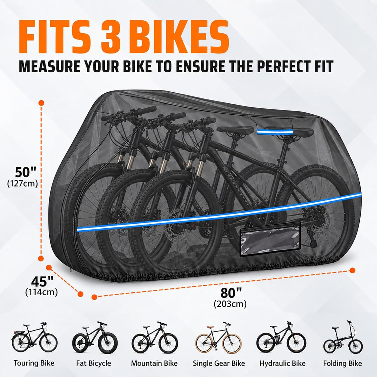 Bike Cover for Transport on Rack for 3 Bikes, Heavy Duty 600D Oxford Bike Rack Cover with Paint-Safe Cotton Lining, Windproof Straps & Reflective Strips for Travel Transport