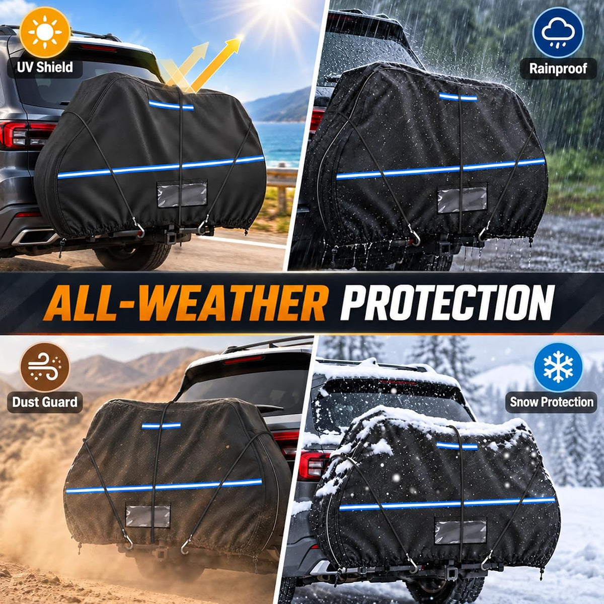Bike Cover for Transport on Rack for 3 Bikes, Heavy Duty 600D Oxford Bike Rack Cover with Paint-Safe Cotton Lining, Windproof Straps & Reflective Strips for Travel Transport