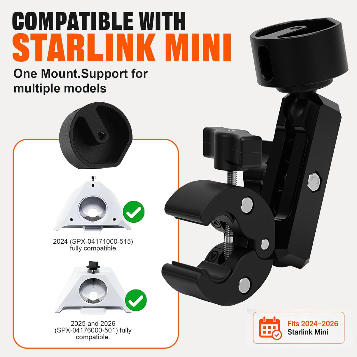 for 2024-2026 Starlink Mini Clamp Mount, Born for Starlink Mini Fits 0.7"-1.75" Tubes, Aluminum Pipe Clamp Arm, Dual Adjustable Ball Head Clamp Mount for RV/Pole/Yacht/Camper/Guardrails