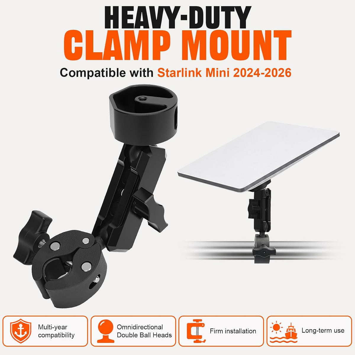 for 2024-2026 Starlink Mini Clamp Mount, Born for Starlink Mini Fits 0.7"-1.75" Tubes, Aluminum Pipe Clamp Arm, Dual Adjustable Ball Head Clamp Mount for RV/Pole/Yacht/Camper/Guardrails