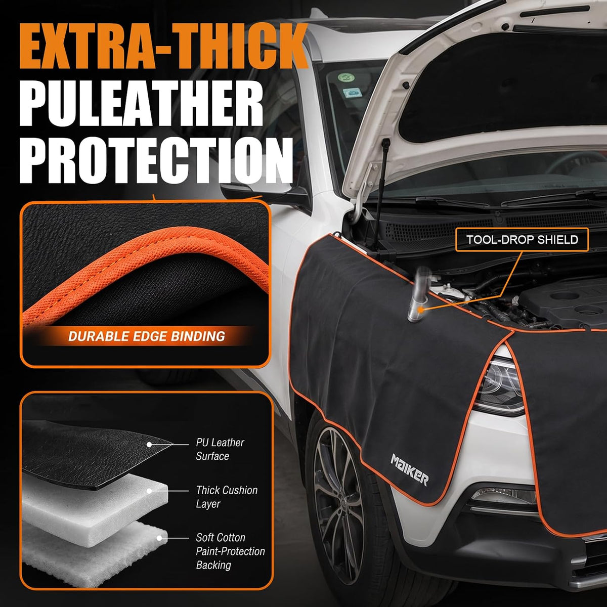 MAIKER Fender Covers for Mechanics with 7 Metal Hooks -X Large Extra Thick For Pickup Trucks, Off-Road & Full-Size SUVs,3 Pcs PU Leather Protective Mat with 28 N52 Strong Magnets, No Winter Stiffening