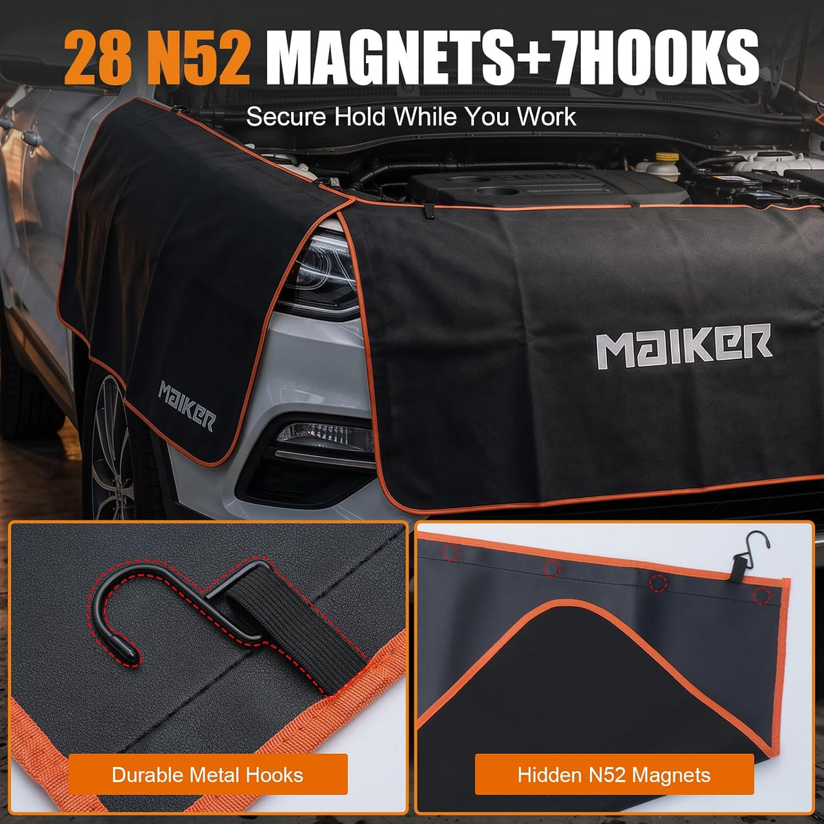 MAIKER Fender Covers for Mechanics with 7 Metal Hooks -X Large Extra Thick For Pickup Trucks, Off-Road & Full-Size SUVs,3 Pcs PU Leather Protective Mat with 28 N52 Strong Magnets, No Winter Stiffening
