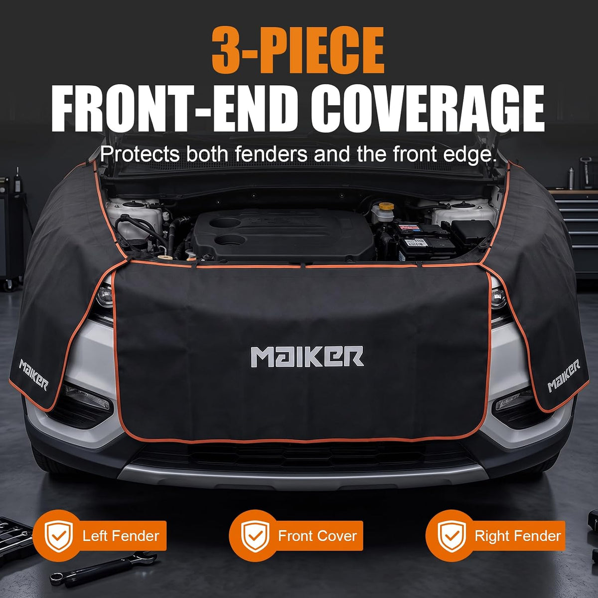 MAIKER Fender Covers for Mechanics with 7 Metal Hooks -X Large Extra Thick For Pickup Trucks, Off-Road & Full-Size SUVs,3 Pcs PU Leather Protective Mat with 28 N52 Strong Magnets, No Winter Stiffening