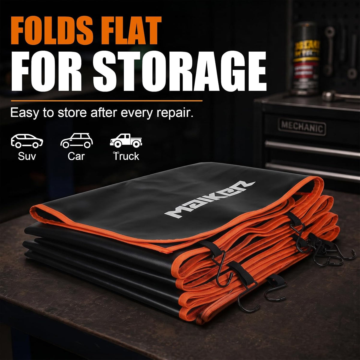 MAIKER Fender Covers for Mechanics with 7 Metal Hooks -X Large Extra Thick For Pickup Trucks, Off-Road & Full-Size SUVs,3 Pcs PU Leather Protective Mat with 28 N52 Strong Magnets, No Winter Stiffening