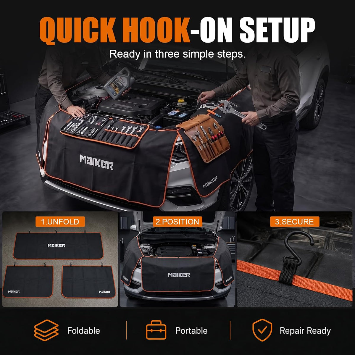 MAIKER Fender Covers for Mechanics with 7 Metal Hooks -X Large Extra Thick For Pickup Trucks, Off-Road & Full-Size SUVs,3 Pcs PU Leather Protective Mat with 28 N52 Strong Magnets, No Winter Stiffening