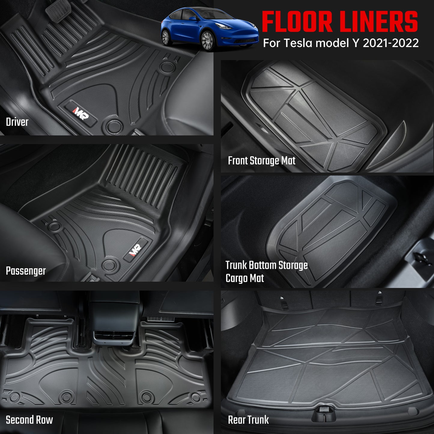 All-Weather TPE Floor Mats for Tesla Model Y 2021-2022 - Waterproof, Anti-Slip, Full Coverage Car Floor Liners 6 PCS set