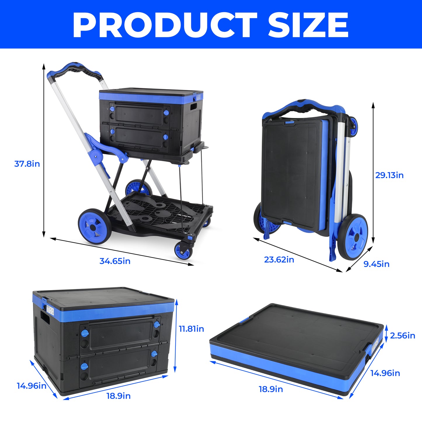 2-Tier Folding Cart Multi Use Functional Collapsible carts Shopping Trolley with Wheels Shopping Cart with Storage Crate Utility Cart for Groceries Warehouse Supermarket