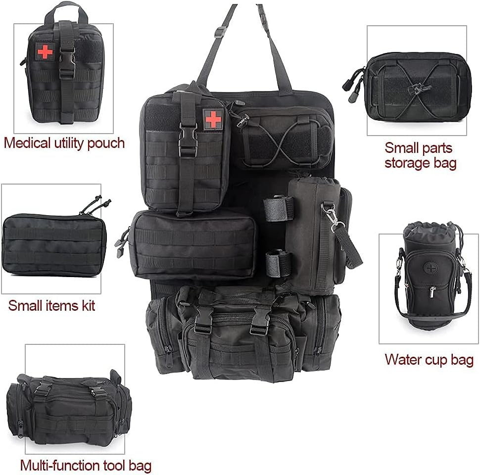 LED Auto Seat Back Organizer Bag,Car Back Seat Organizer Kick Mat with 5 Storage Packets-3 Toolkits &1 Medical Kit&1 Water Cup Bag Compatible with All Vehicel