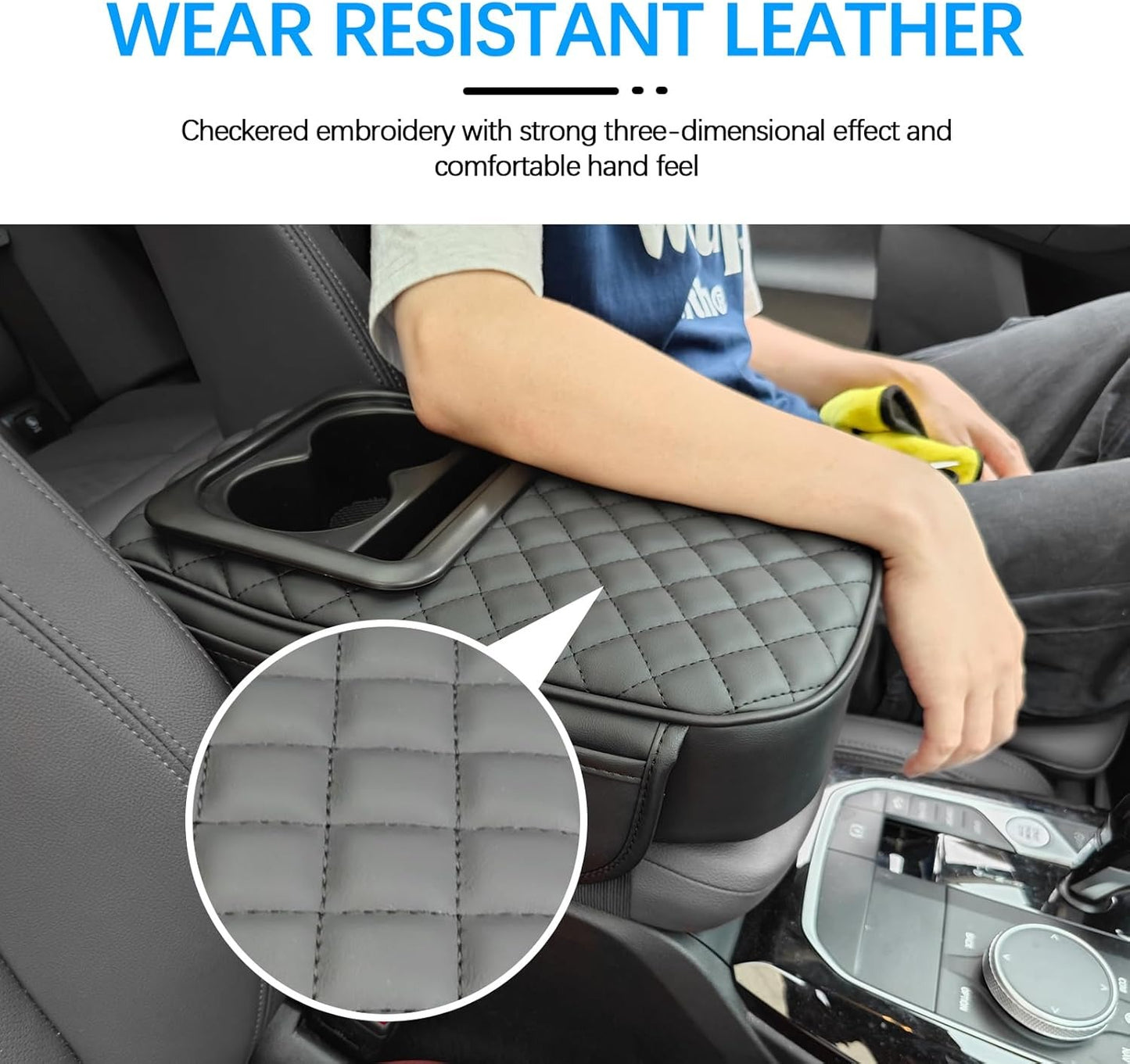 MAIKER Auto Center Console Armrest Pillow, PU Leather Car Armrest Cushion with Cup Holder, Phone Holder and 2 Side Storage Bag, Universal Car Armrest Box Cover Protector for Most Vehicles