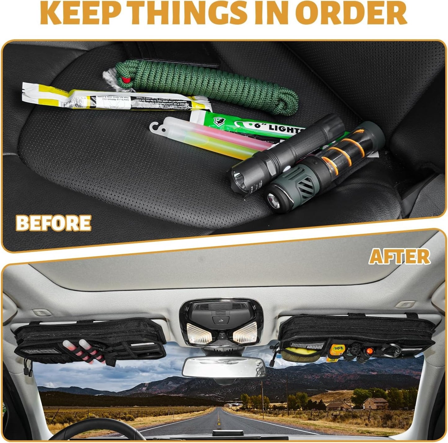 2 Packs Car Sun Visor Organizer, Car Organizer with Zipper Visor Organizer Storage Pouch, Glasses Clip, Card Holder, Molle Panel for Tactical Gears, for Most Vehicles, SUVs & Trucks