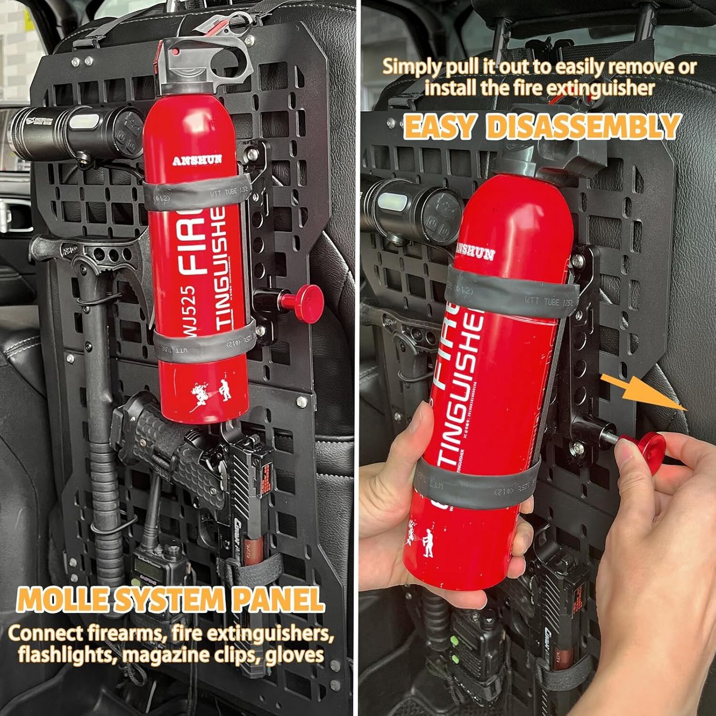 Rigid Molle Panels For Vehicles Truck Mount Rack Panel with Fire Extinguisher Mout & Hook and Loop Fasteners & Elastic Rope Tactical Seat Back Organizer Adjustable Versatile Panel