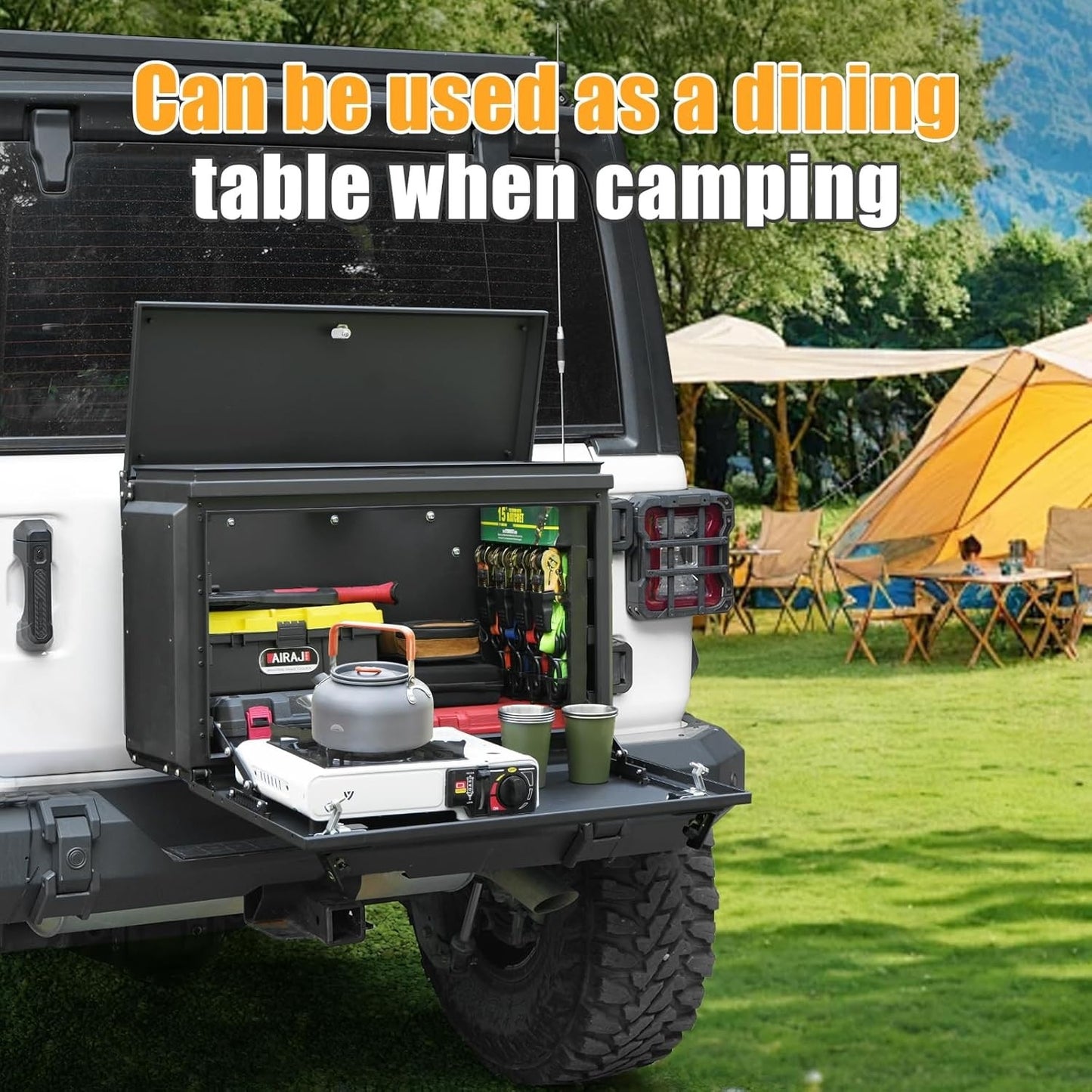 Wrangler Tailgate Table Storage Lock Box Compatible with Jeep Wrangler 2007-2017 JK & 2018-2024 JL 4 Doors, Multifunctional Cargo Rack Shelf Storage Bin Camping Desk