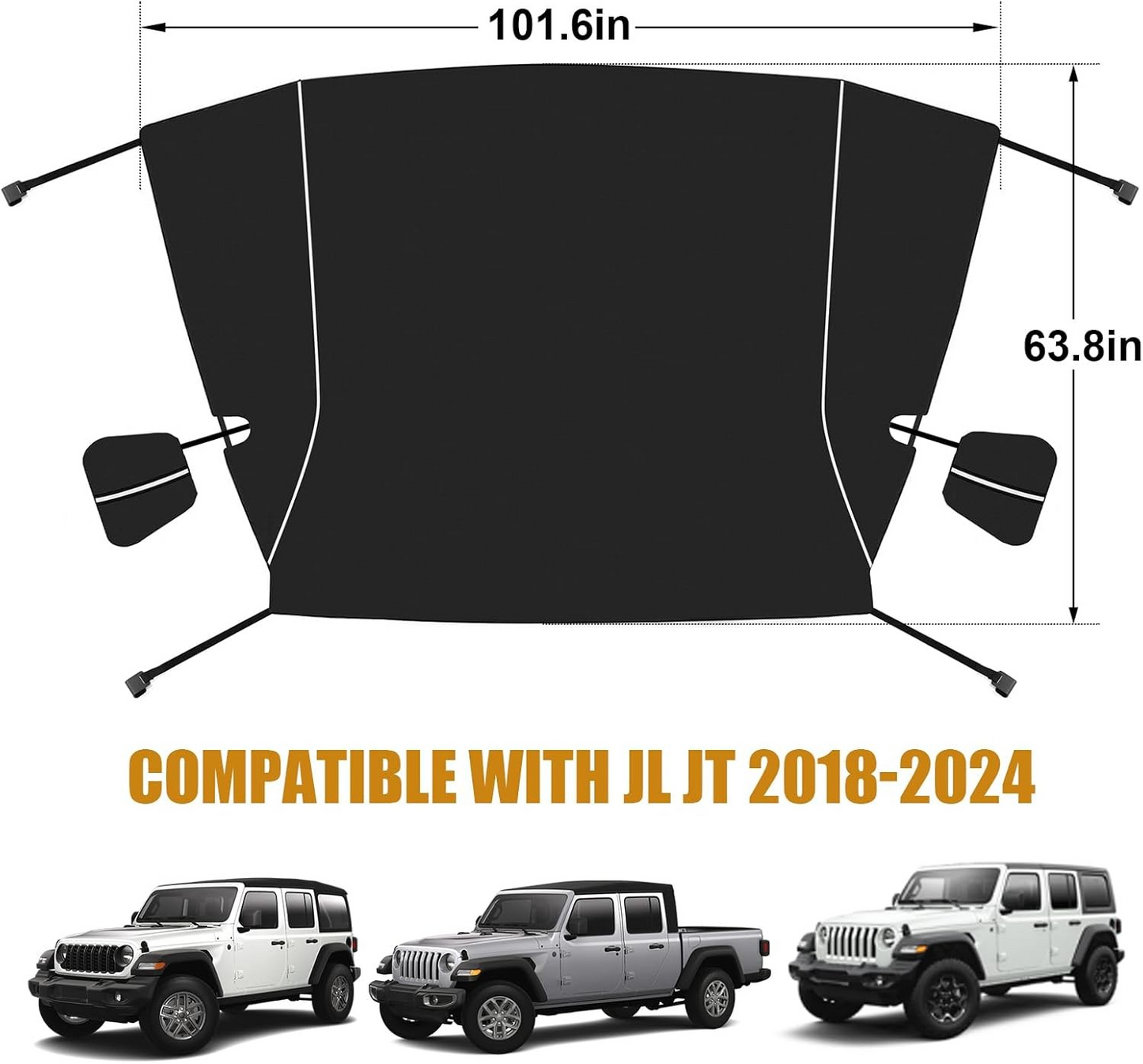Guina Windshield & Front Side Window Cover Compatible wirh Jeep Wrangle JL JT 18-24, 600D Oxford Cloth Windshield Cover with Mirror Cover for Sun, Rain, Sand, Dust, Leaves, Branches Protection