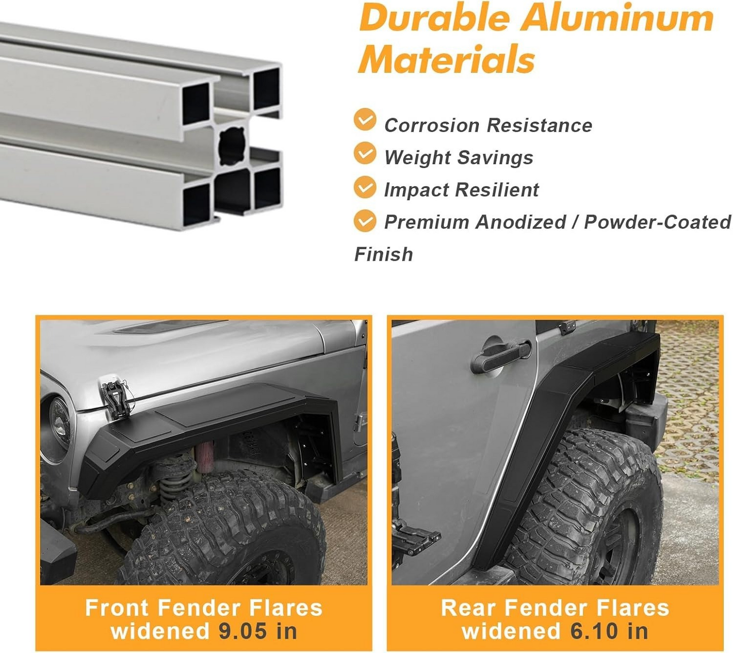 MAIKER Cobra Style Fender Flares Compatible with 2007-2018 Jeep Wrangler JK 2/4 Doors, Off-Road Mud Guards Wheel Flares Liner Set (4PCS Front & Rear Aluminum Fenders)