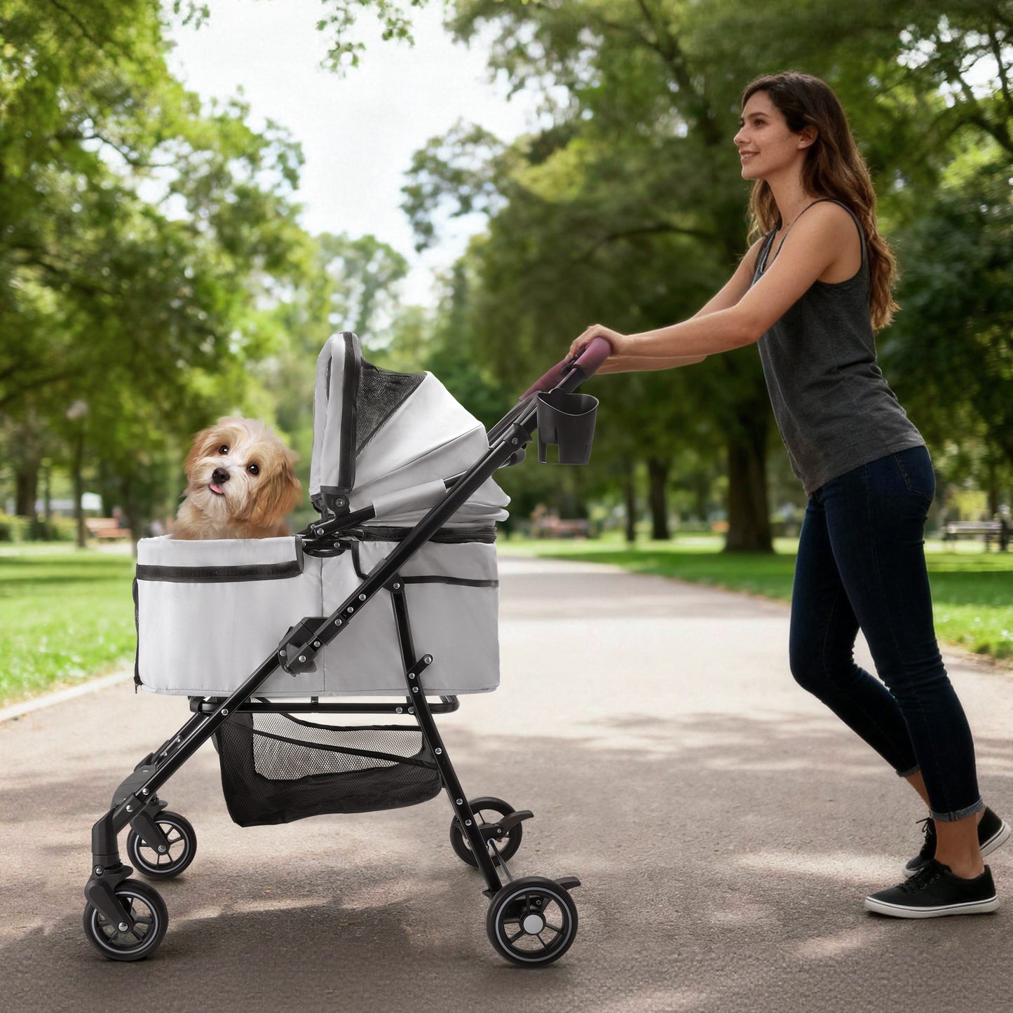 4-Wheel Foldable Pet Stroller for Dogs & Cats 360° Rotating Wheels, Separable Carrier & Travel Bag for Small Animals