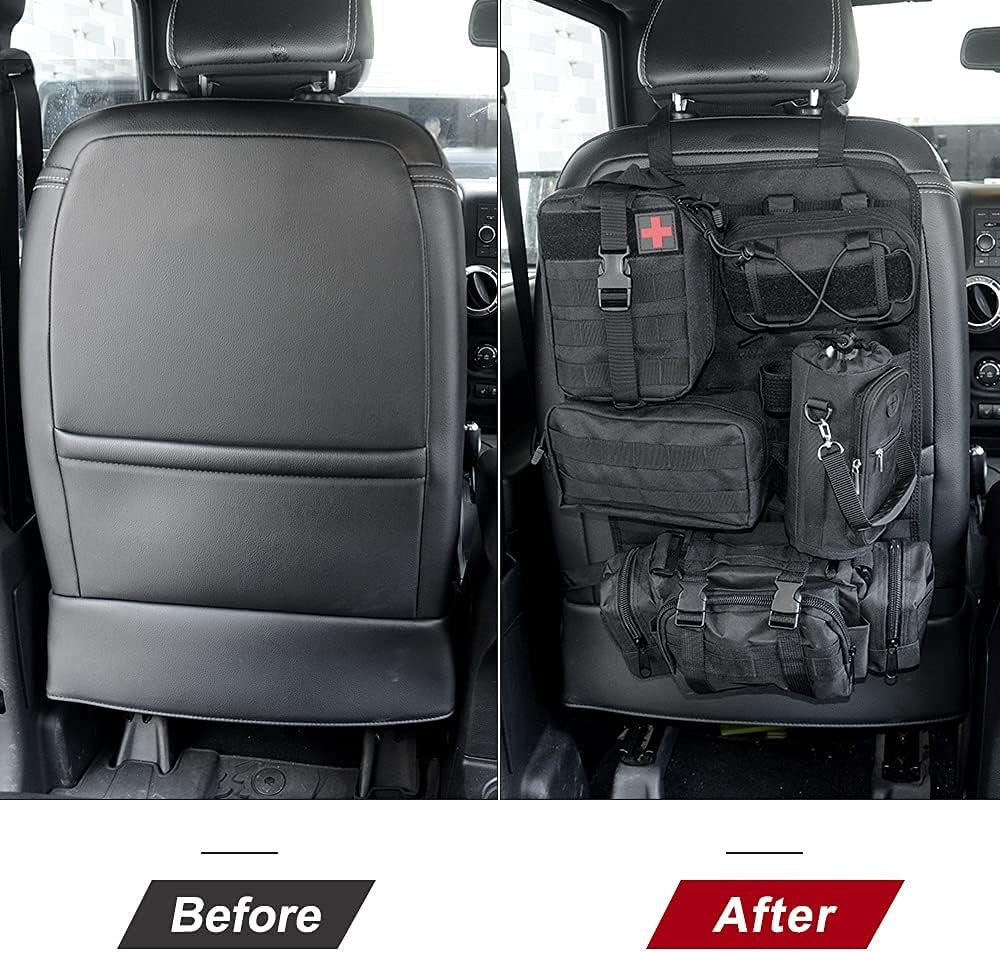 LED Auto Seat Back Organizer Bag,Car Back Seat Organizer Kick Mat with 5 Storage Packets-3 Toolkits &1 Medical Kit&1 Water Cup Bag Compatible with All Vehicel
