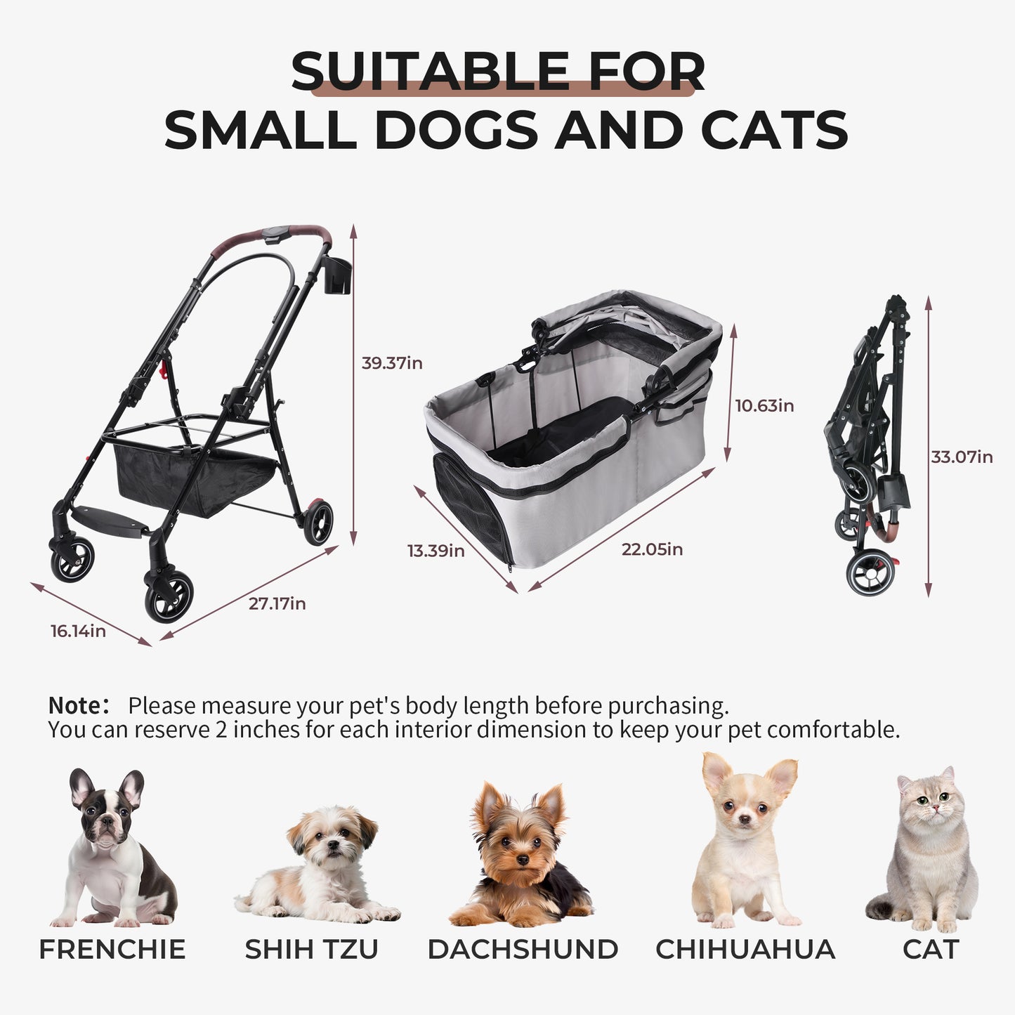 4-Wheel Foldable Pet Stroller for Dogs & Cats 360° Rotating Wheels, Separable Carrier & Travel Bag for Small Animals