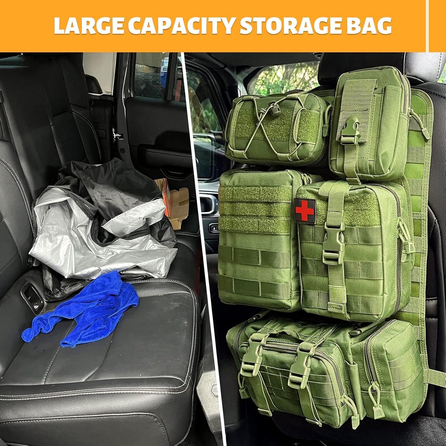 MAIKER Tactical Car Seat Back Organizer, Upgrade Tactical Vehicle Panel Organizer with 5 Detachable Molle Pouch, Universal fits for Most of Vehicle(Army green)