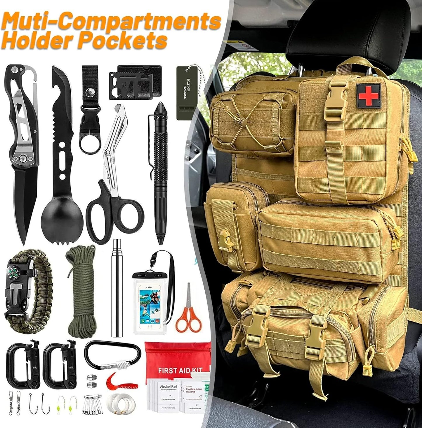 Universal Tactical Vehicle Back Seat Organizer with 5 Molle Pouch Molle Pouches Truck Seat Organizer Tactical Gear for Car Truck Ford Jeep Vehicle