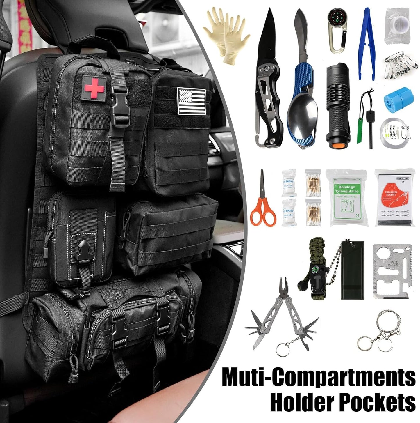 Universal Tactical Vehicle Back Seat Organizer with 5 Detachable Pouches Tactical Gear