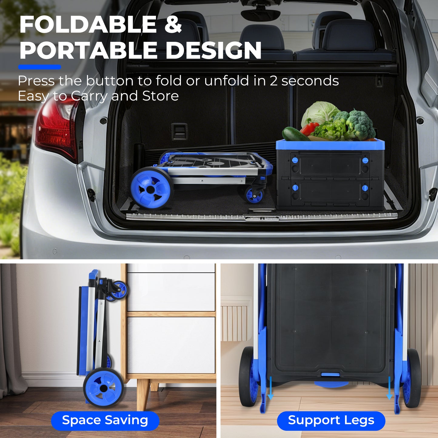 2-Tier Folding Cart Multi Use Functional Collapsible carts Shopping Trolley with Wheels Shopping Cart with Storage Crate Utility Cart for Groceries Warehouse Supermarket