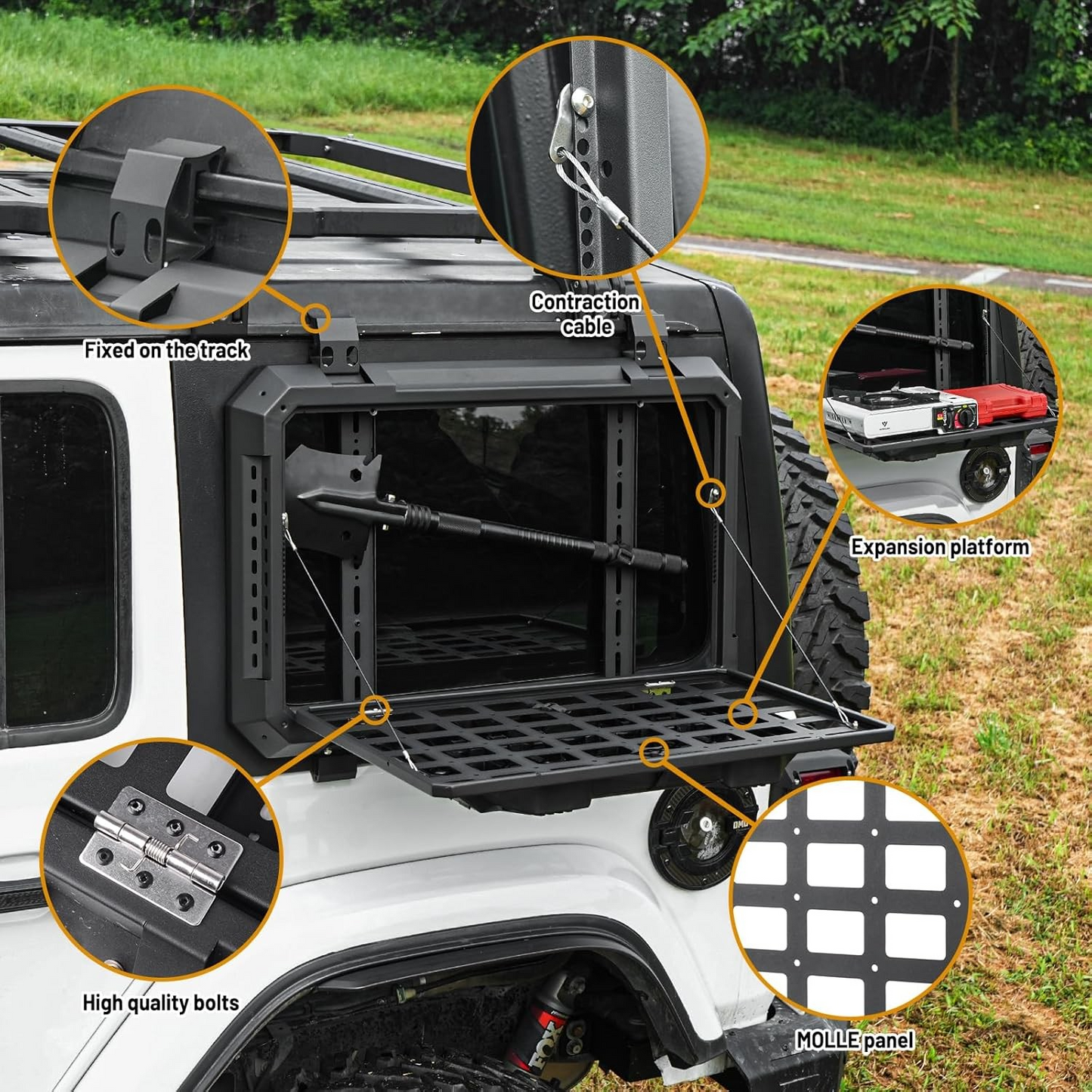 Multifunctional Rear Window Storage Table Molle Panel Kit for 2018-2024 Jeep Wrangler JL & JLU 4 doors Openable Design Tactical Molle Platform for Tools (2025 latest upgraded model）