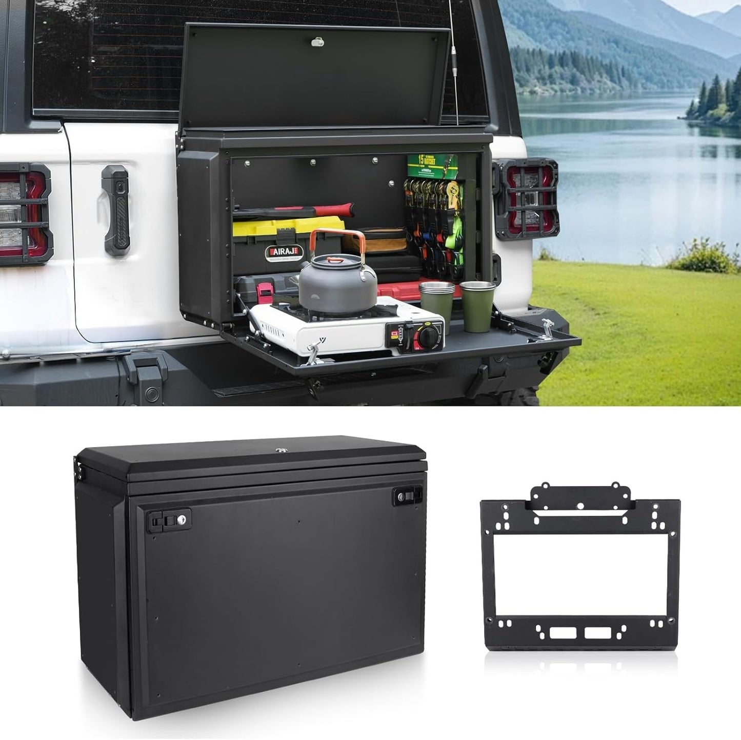 Wrangler Tailgate Table Storage Lock Box Compatible with Jeep Wrangler 2007-2017 JK & 2018-2024 JL 4 Doors, Multifunctional Cargo Rack Shelf Storage Bin Camping Desk