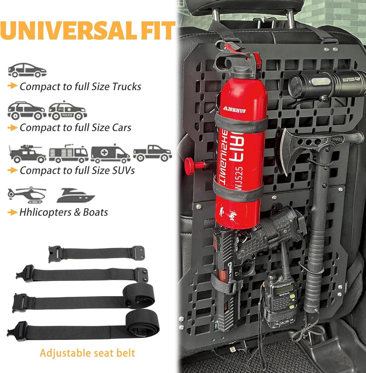 Rigid Molle Panels For Vehicles Truck Mount Rack Panel with Fire Extinguisher Mout & Hook and Loop Fasteners & Elastic Rope Tactical Seat Back Organizer Adjustable Versatile Panel