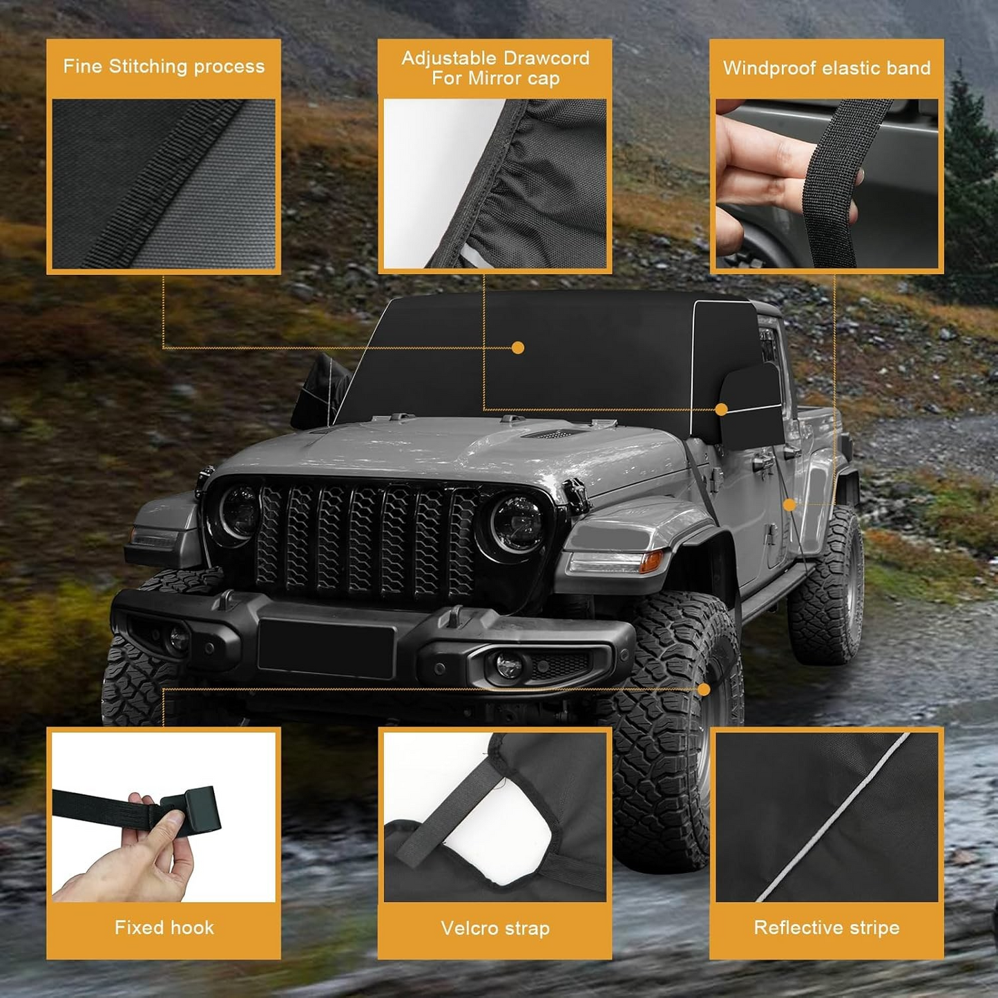 Guina Windshield & Front Side Window Cover Compatible wirh Jeep Wrangle JL JT 18-24, 600D Oxford Cloth Windshield Cover with Mirror Cover for Sun, Rain, Sand, Dust, Leaves, Branches Protection