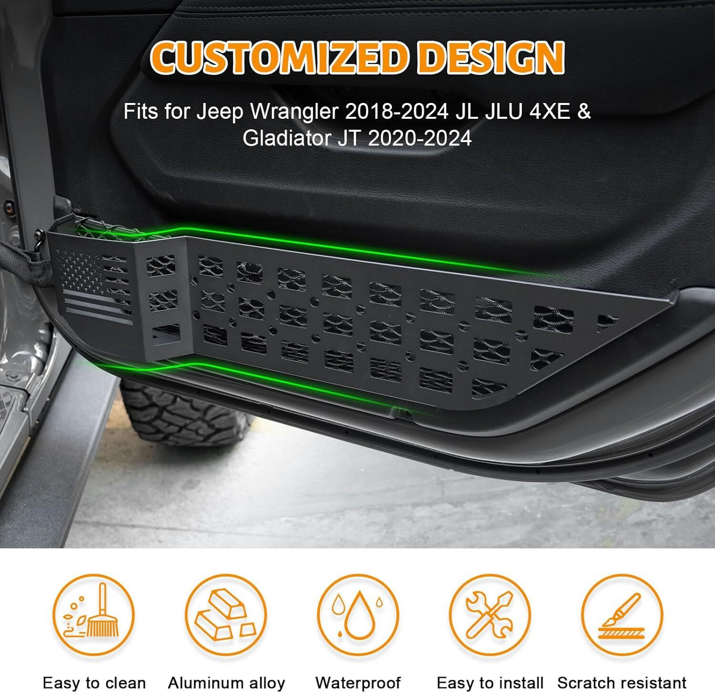 MAIKER 4PCS Metal Front Rear Door Storage Box Compatible with 2018-2025 Jeep Wrangler JL JLU 4XE & 2020-2025 Gladiator JT, Insert Organizer Box Pockets for Replace Sagging Nets, Black