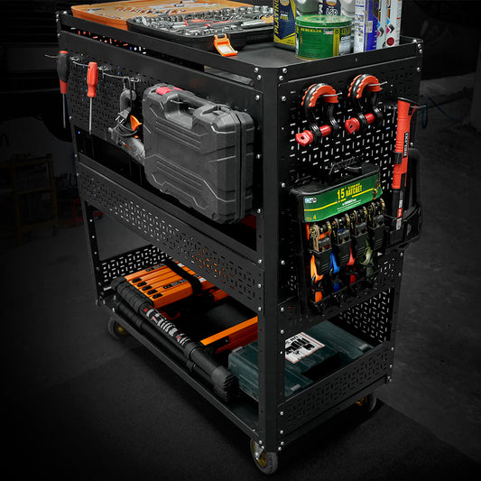 3-Tier DIY Detachable Utility Cart Storage Tool Cart With Steel Pegboard, Foldable Rolling Tool Cart with Wheels For Garage Organizer and Tool Storage