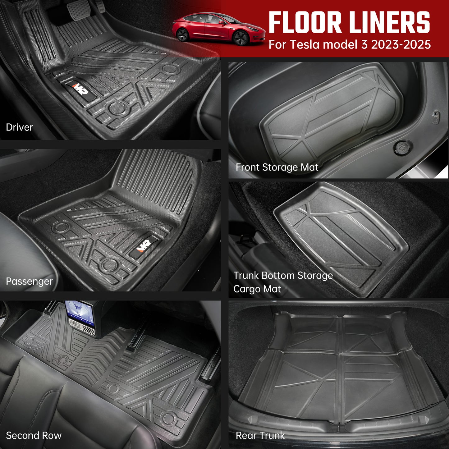 Odorless TPE Floor Mat for Tesla Model 3 2023-2025 6 PCS Waterproof Duty-Proof Fully Surrounded Floor Liner Protection Foot Pad